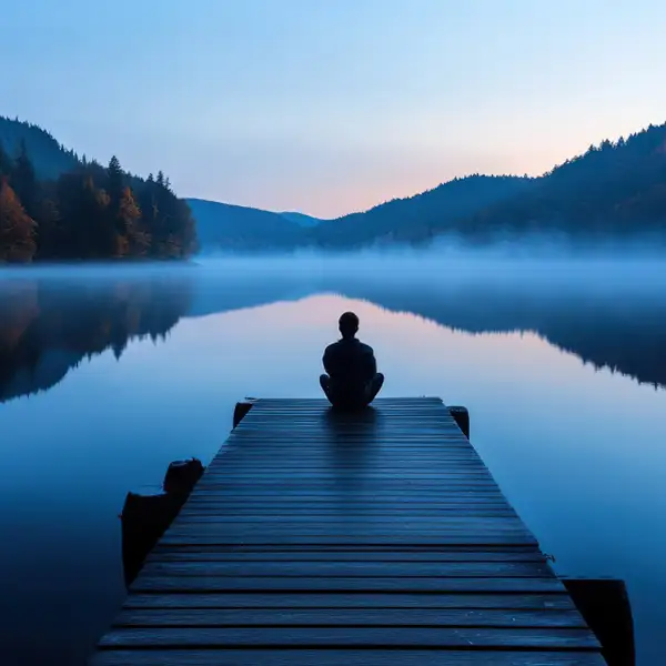 Silhouette of someone meditating at the end of a dock in the early morning light.