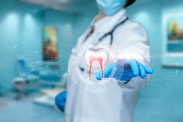 Dentist wearing a lab coat and gloves reaches out to touch a futuristic hologram of a tooth